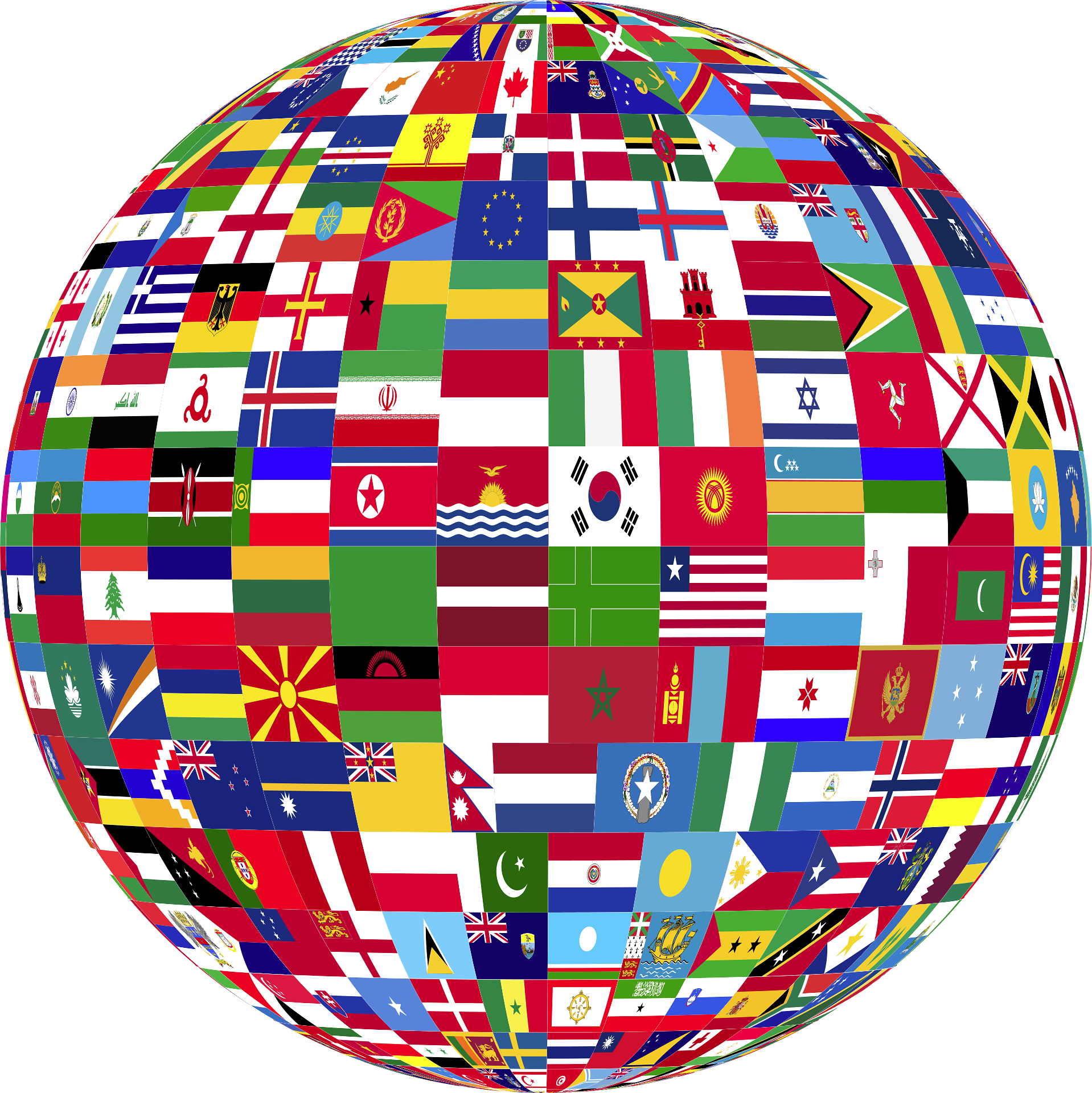 Flags globe A stylised image of the globe containing various national flags.